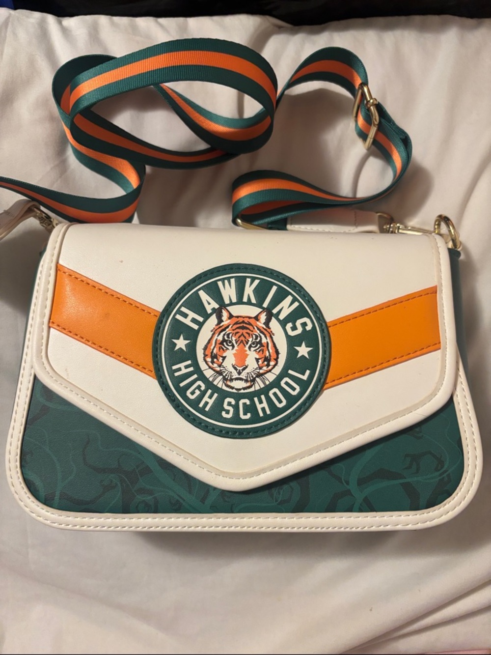 Hawkins High School White/Green Crossbody Bag w Orange Accent Stranger Things